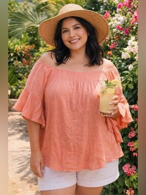 Boho Off Shoulder Coral Blouse M | Romantic Summer Top Ruffle Sleeve